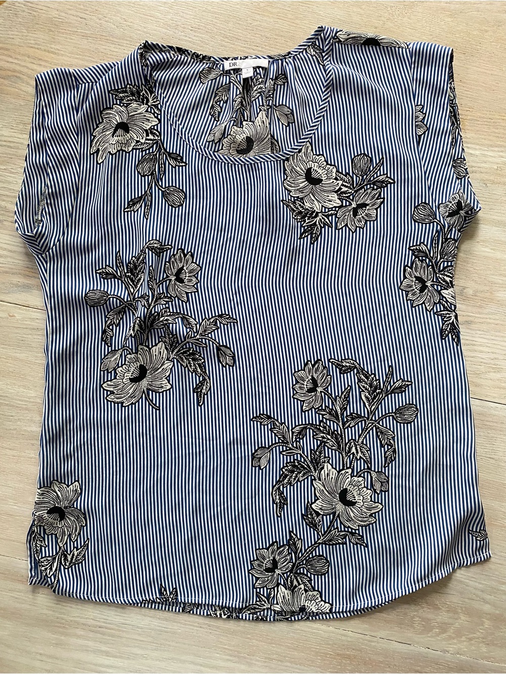 DR2 Blue and Black Striped Floral Short-Sleeve Blouse